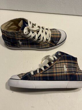 VINTAGE Polo Ralph Lauren Plaid High Top Sneakers Shoes Mens Size 10.5 Madras
